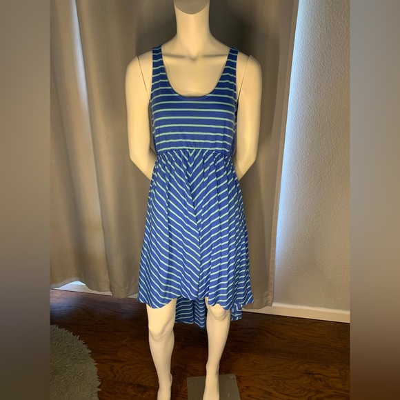 Cotton blue and teal stripped dress, short in front, long in back, lace patch - Picture 1 of 3